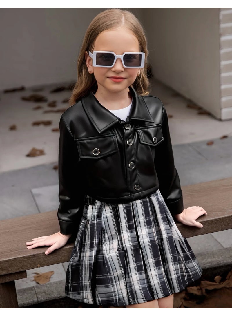 Girls Black Faux Leather Jacket & Plaid Pleated Skirt Set – 3PCS Fashion Outfit - Image 1